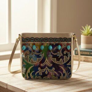 Andalossi NWT champagne Lizard leather beaded embroidered paisley shoulder bag